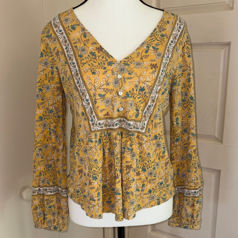 Lucky Brand Boho Floral V-Neck Peplum Top - Mustard Yellow